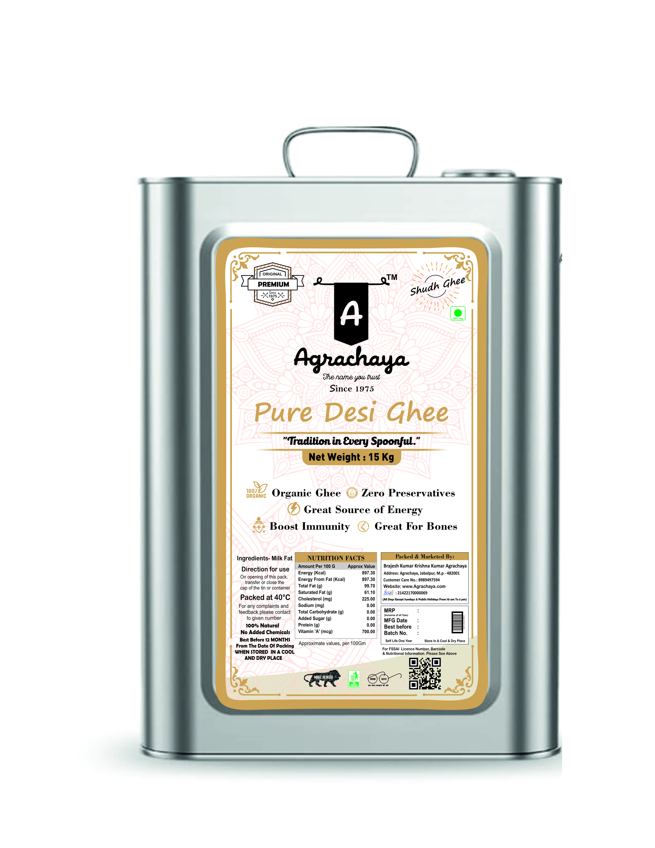 Organic Bilona Method Desi Cow Ghee 15 Kg